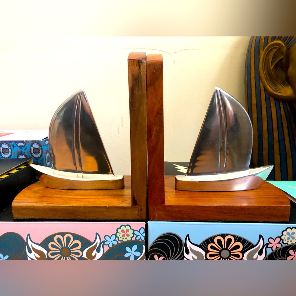 Vintage Set of MCM Wood & Silver Sailboat Bookends